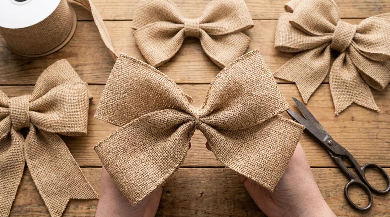 Making balanced burlap bow loops on both sides with layered ribbon sections for a fuller design.