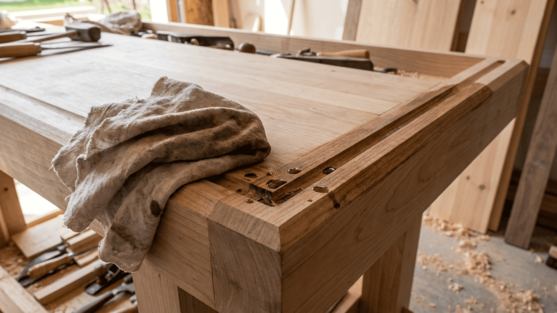 Lightly loaded rag wiping pooled wood stain along edges and corners of a flat wooden surface