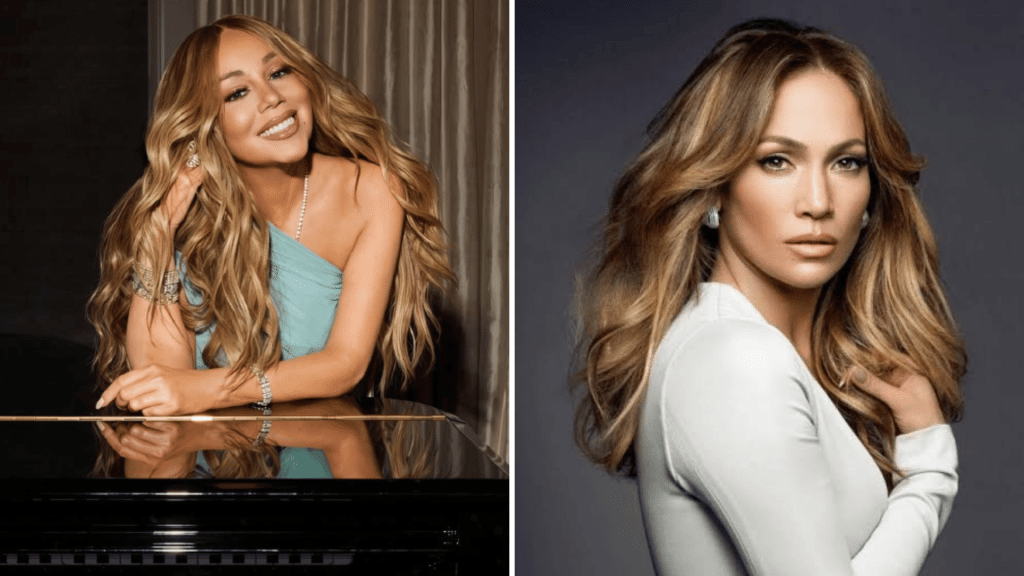 Split portrait of Mariah Carey on left and Jennifer Lopez on right.