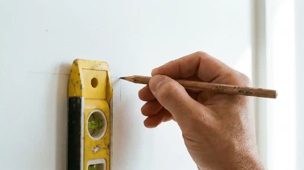 Hand marking a pencil spot on white wall with a level tool showing the first step to hang pictures on wall.