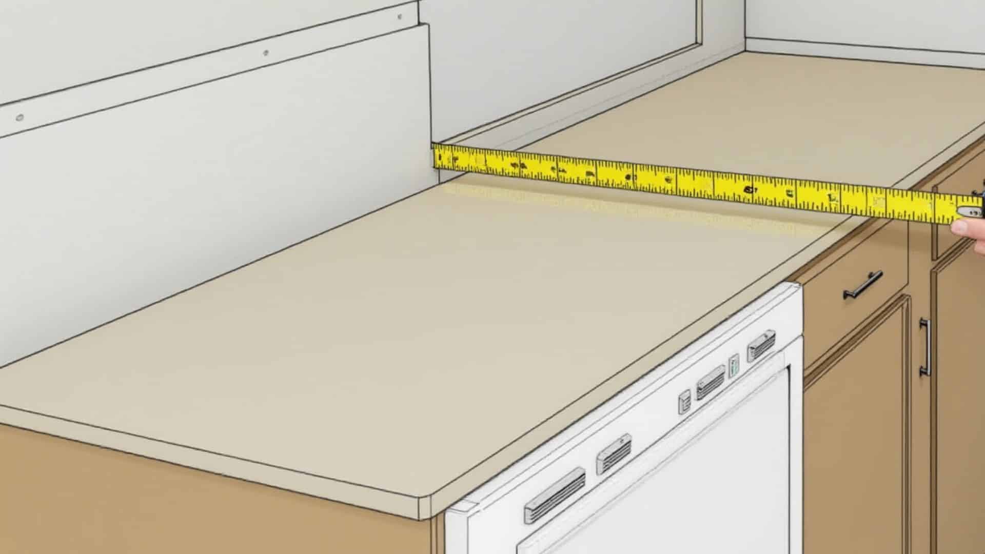 A yellow tape measure being used to measure the length of a light-colored kitchen countertop next to a white dishwasher
