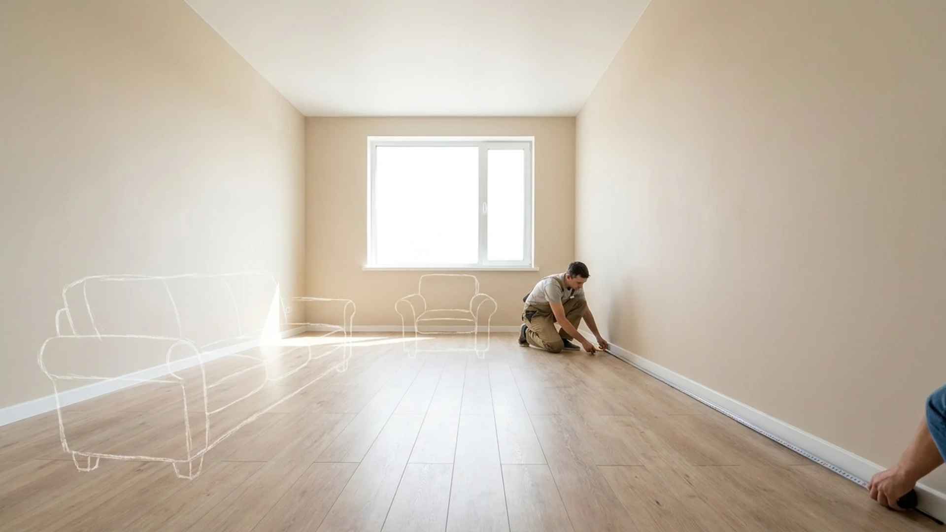 A man measures an empty room's baseboard with a tape measure, featuring digital furniture outlines overlaid on the floor.
