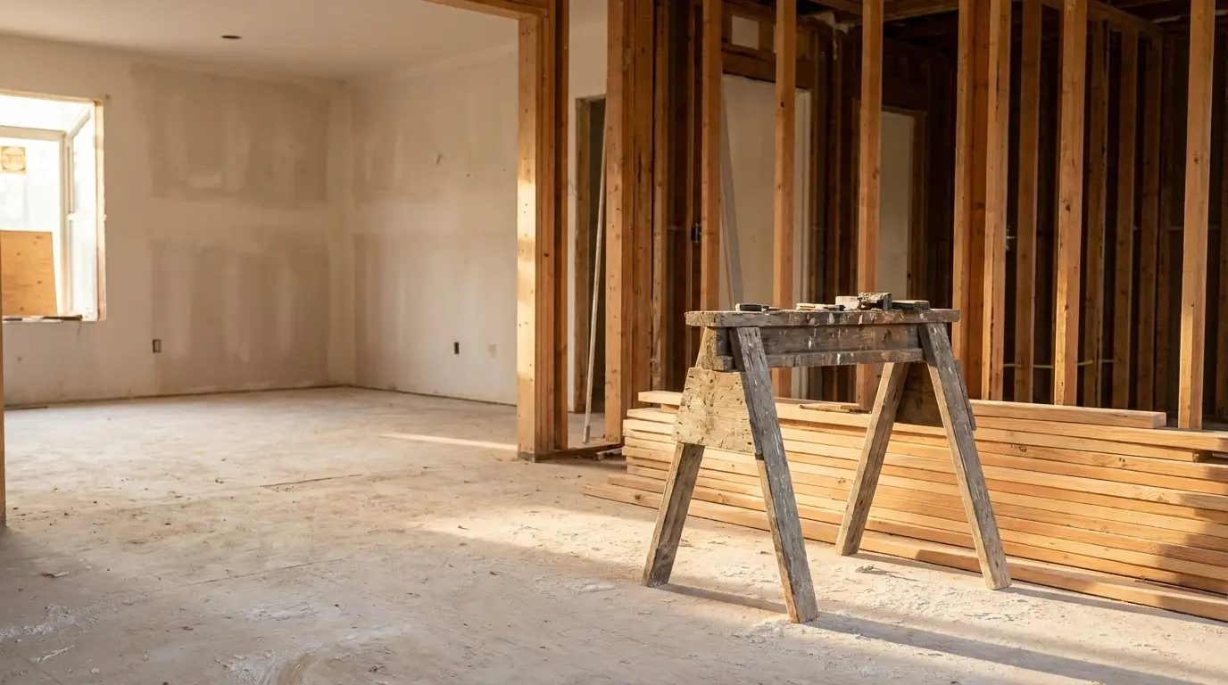 Construction site with wooden framing and workbench in sunlit room