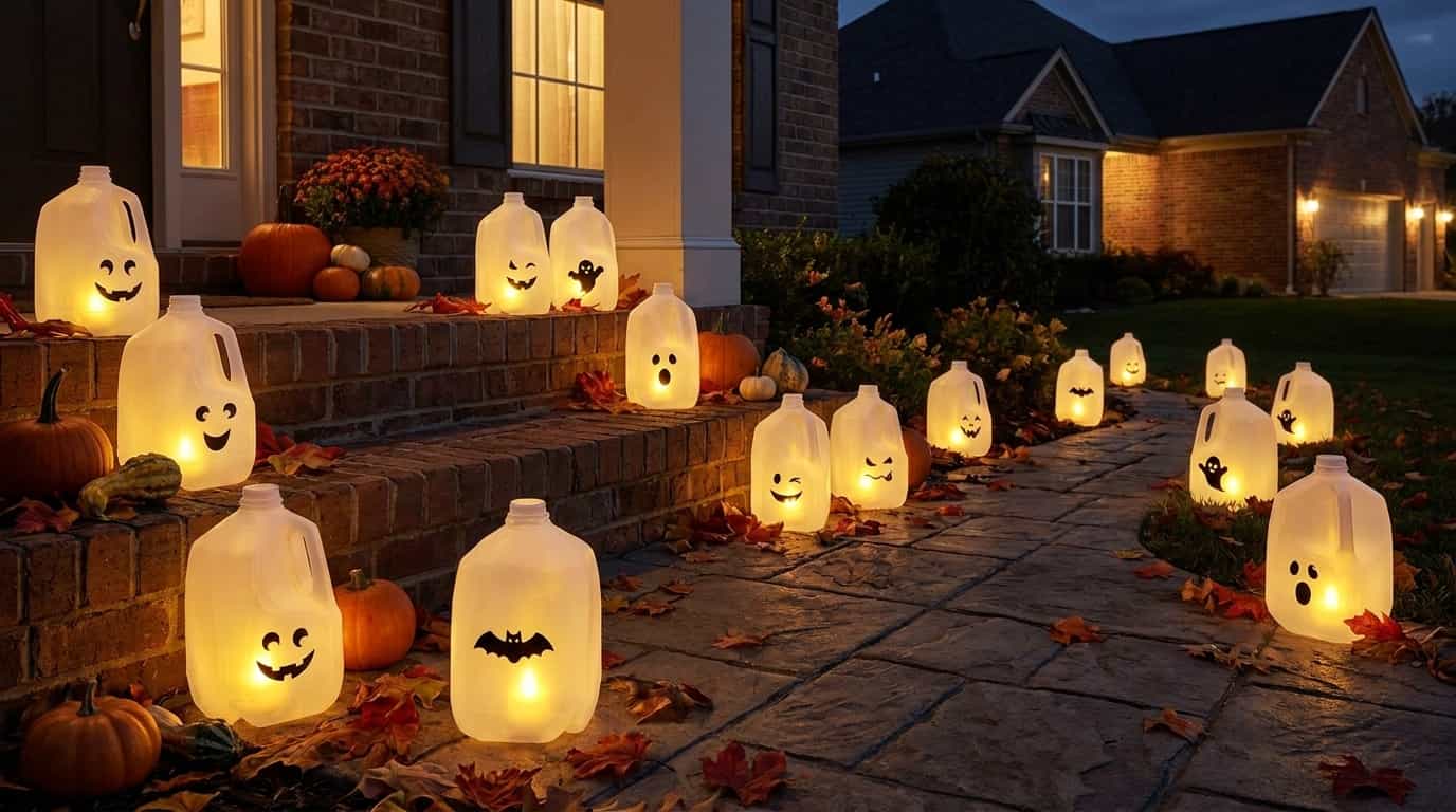 DIY milk jug ghost lanterns glowing along a Halloween walkway outdoors