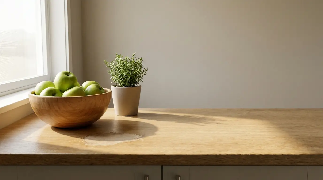 Bowl of green apples and potted plant on wooden countertop in natural light
