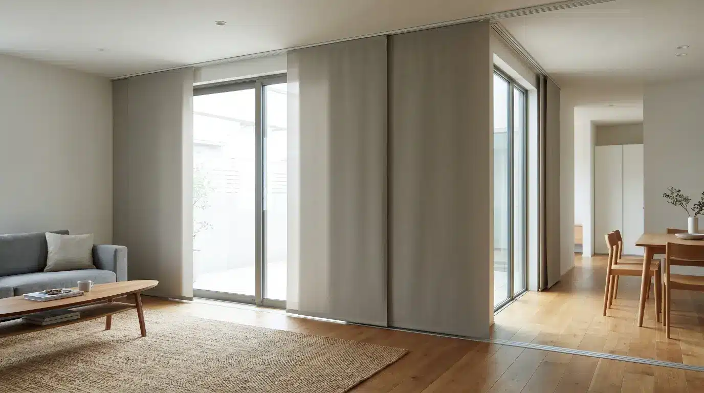 Minimalist panel track system sliding across large windows in a modern open-plan living area with clean lines.
