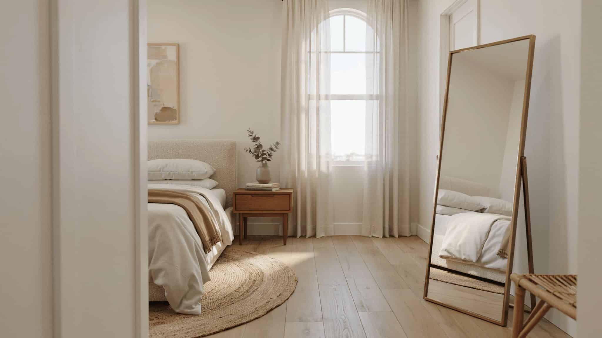 Modern bedroom showing a mirror facing bed placement with natural light and elegant interior design