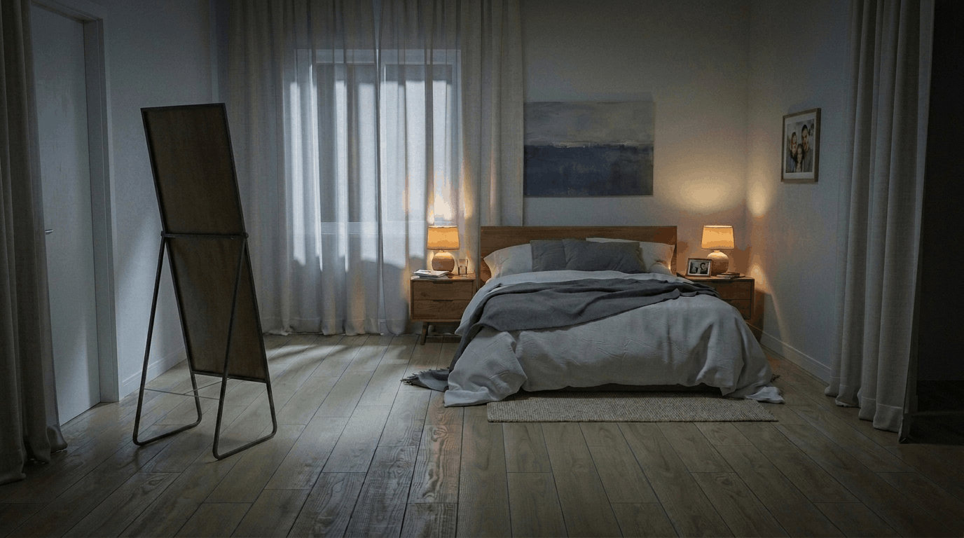 Dark bedroom showing how mirror reflections at night may affect comfort and sleep