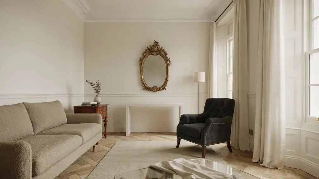 Modern Victorian living room mixing antique furniture with sleek contemporary pieces.