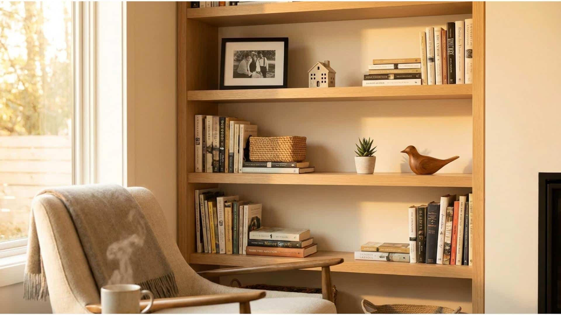 Bookshelf with books and personal treasures like photos, handmade items, and small gifts, neatly spaced for a cozy look.