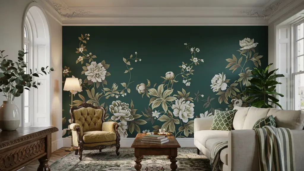 Modern Victorian room with layered patterns in a coordinated green and ivory palette.