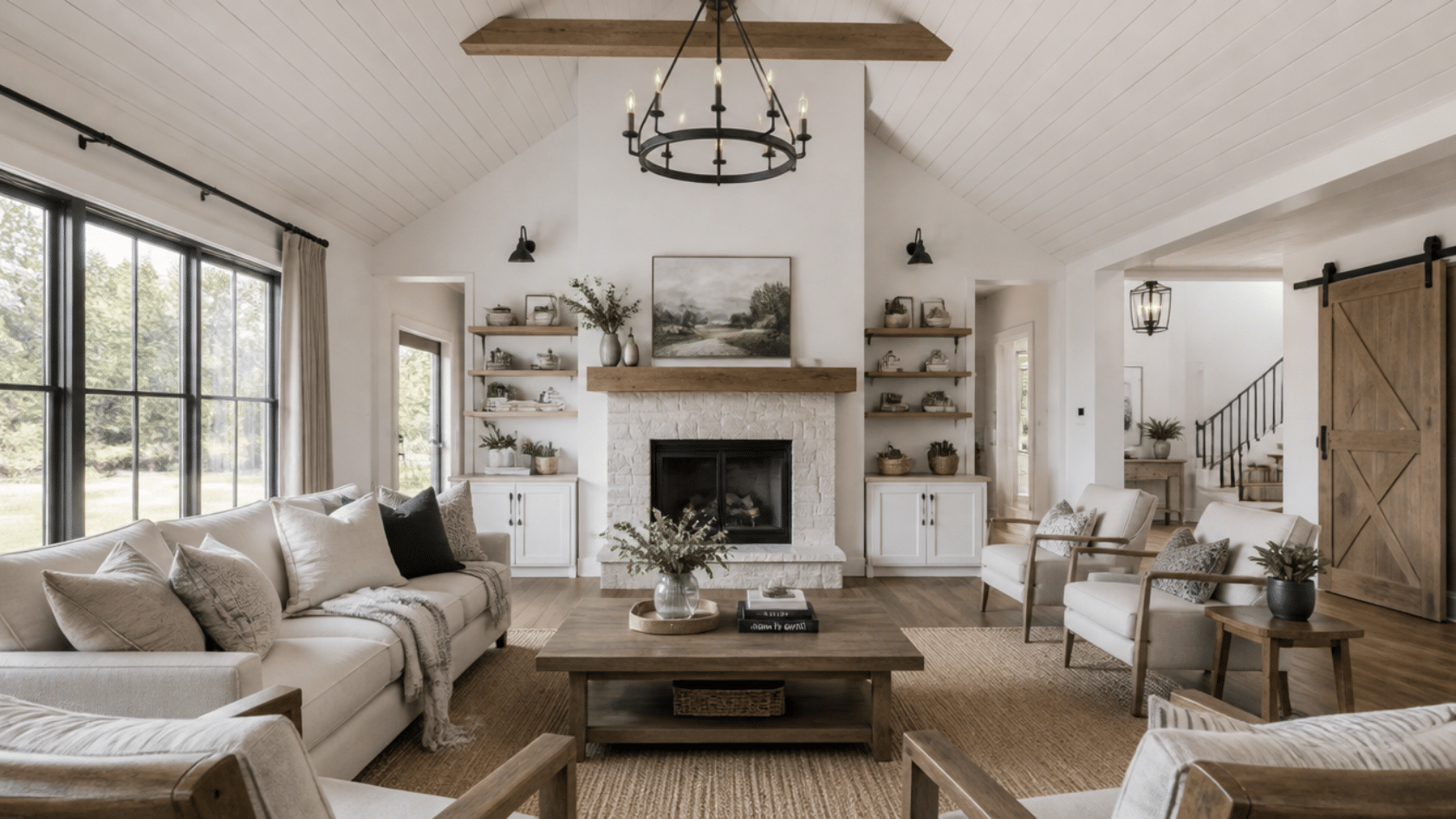 Modern farmhouse living room with white shiplap cathedral ceiling, black fixtures, and wood accents