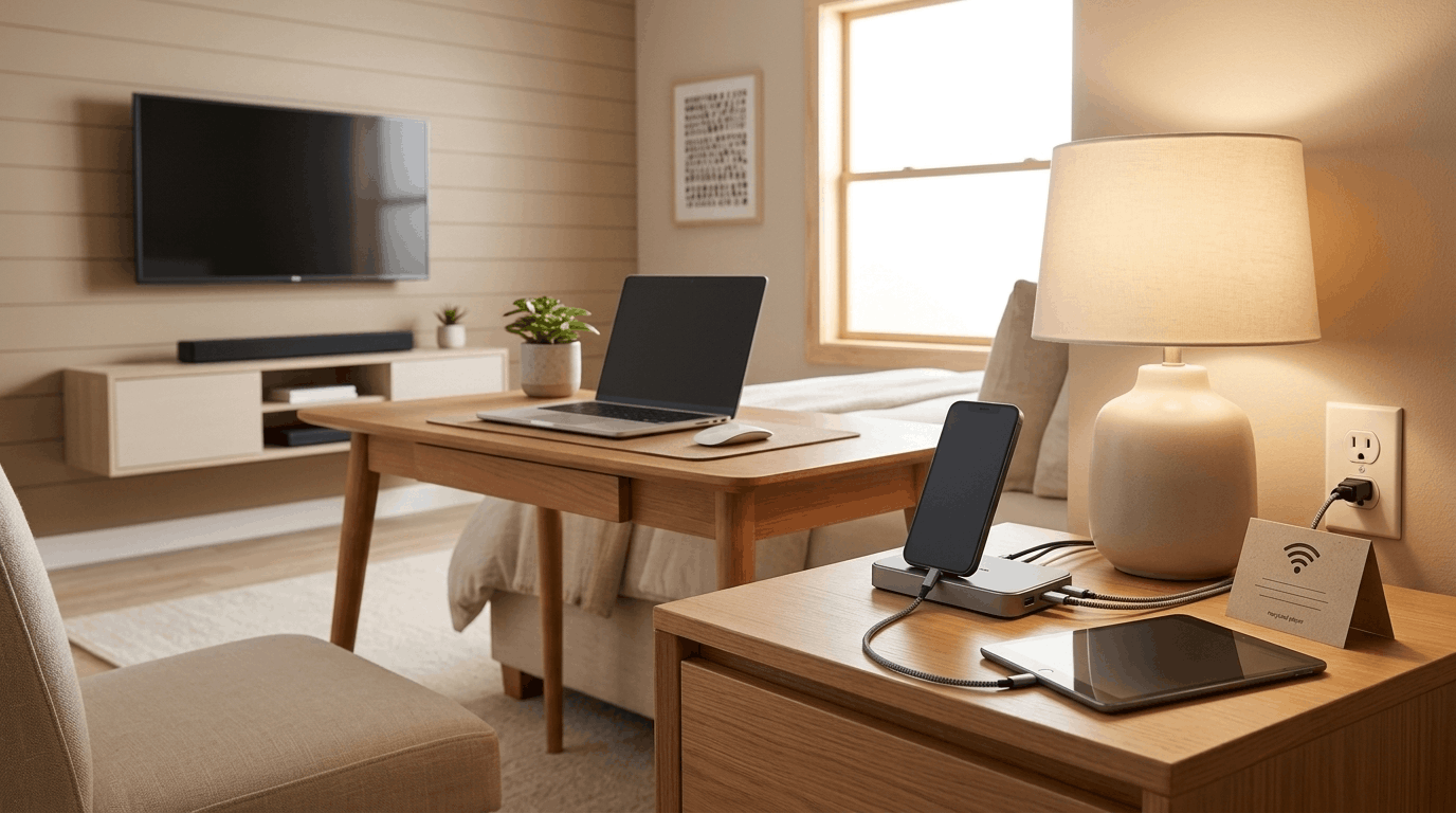 Modern guest room with charging station, devices, and technology essentials