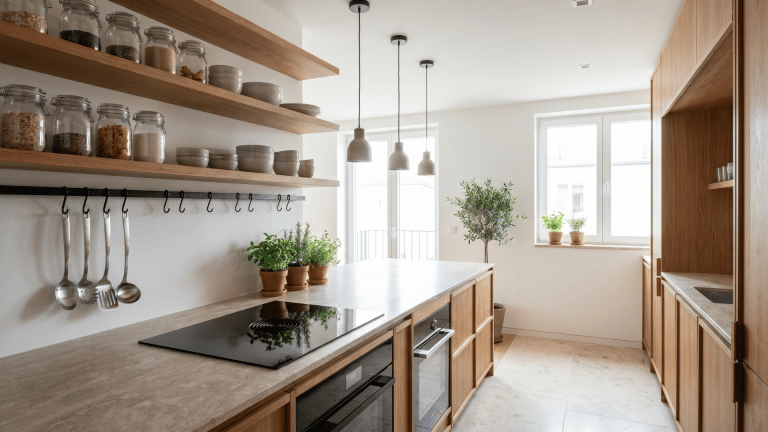 Open shelves make a kitchen feel more open and visually lighter.