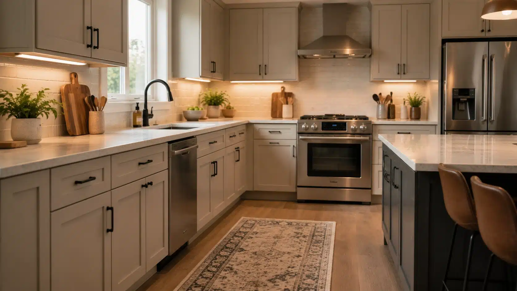 Modern kitchen with base cabinets, countertop, and organized storage layout