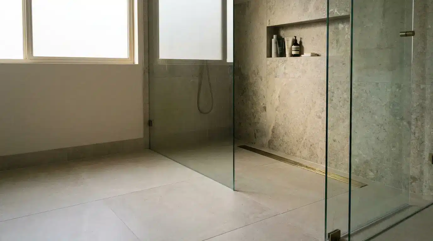 Glass-enclosed shower with beige marble walls and minimalist bathroom decor