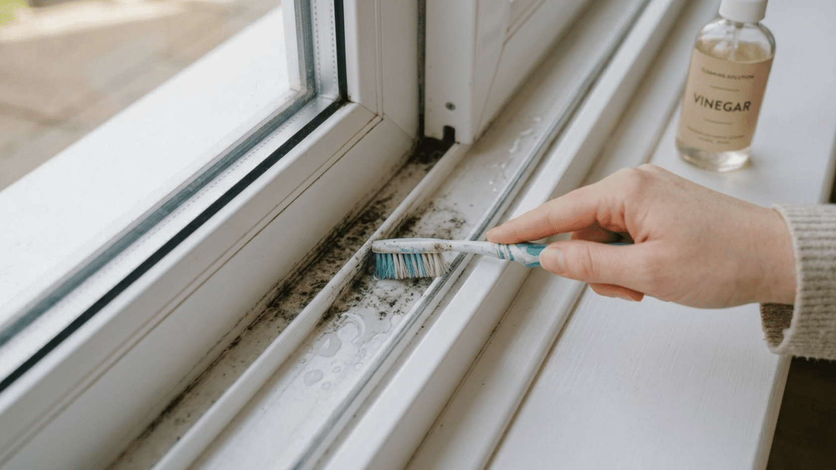 Close-up of window track being scrubbed with a toothbrush and vinegar spray applied