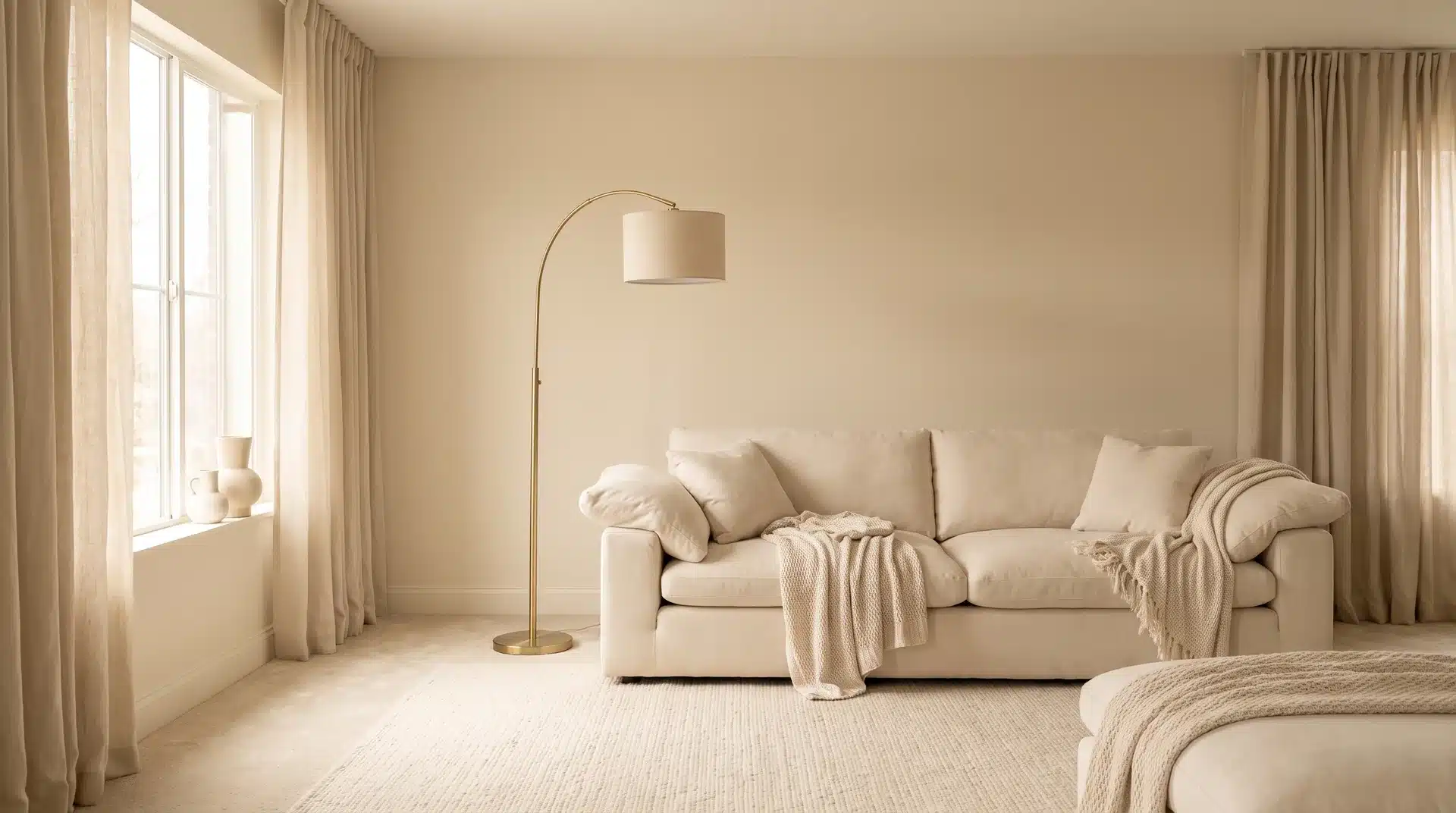 Full monochromatic living room with Sherwin-Williams Creamy walls cream sofa rugs and brass lamp.