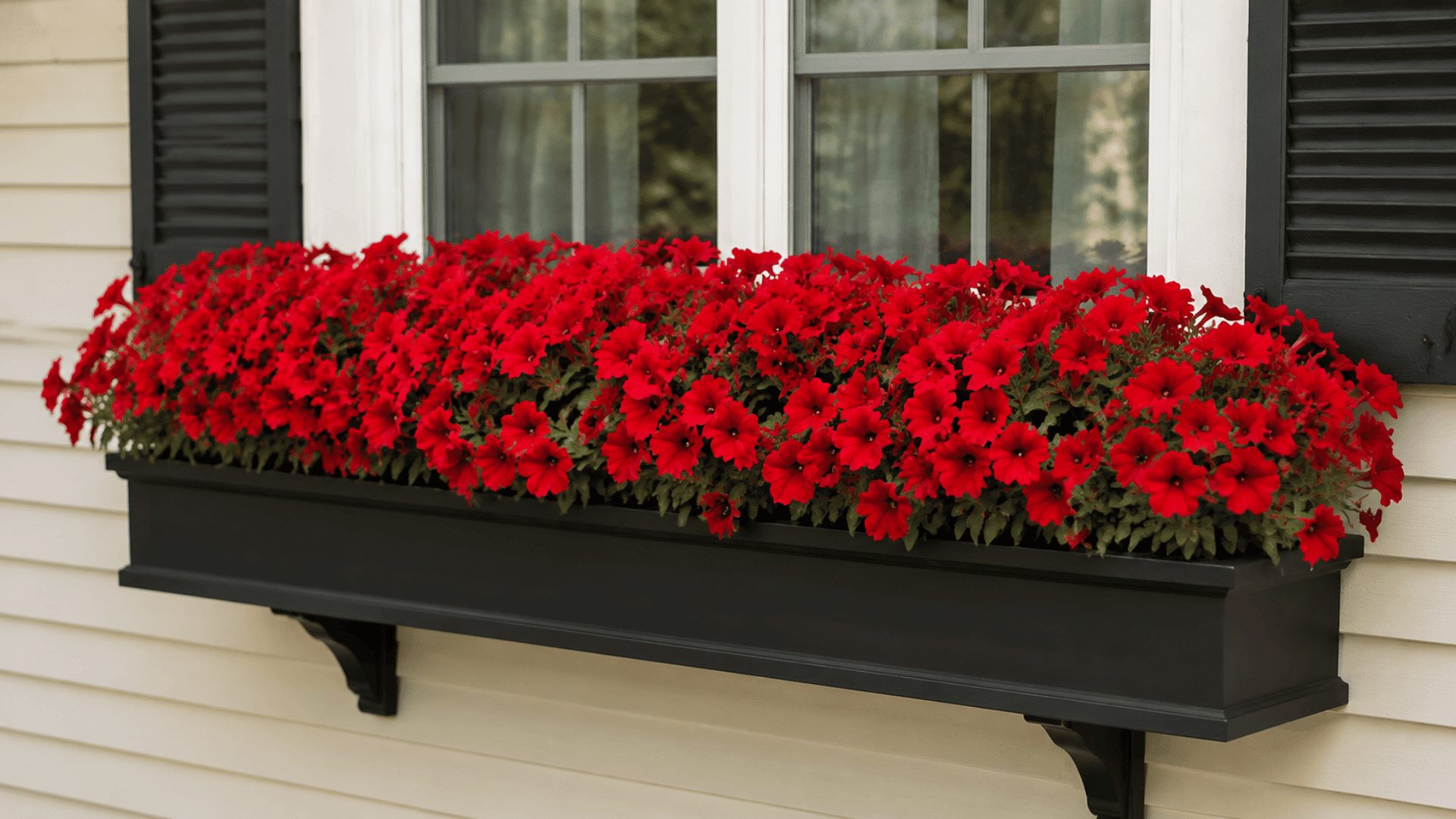 A long black window box filled with vibrant, dense red petunias mounted below a window with black shutters.