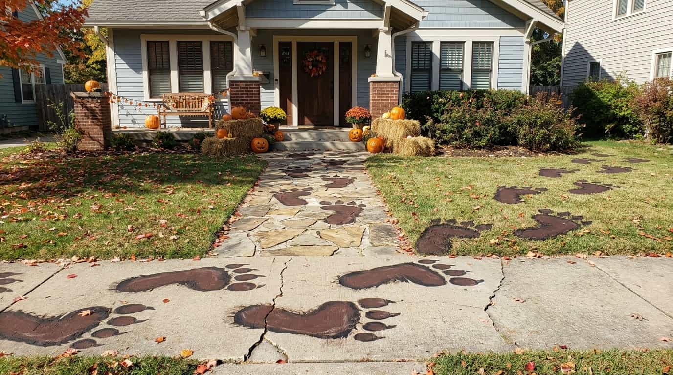 Monster footprints across a walkway leading to a decorated Halloween front door