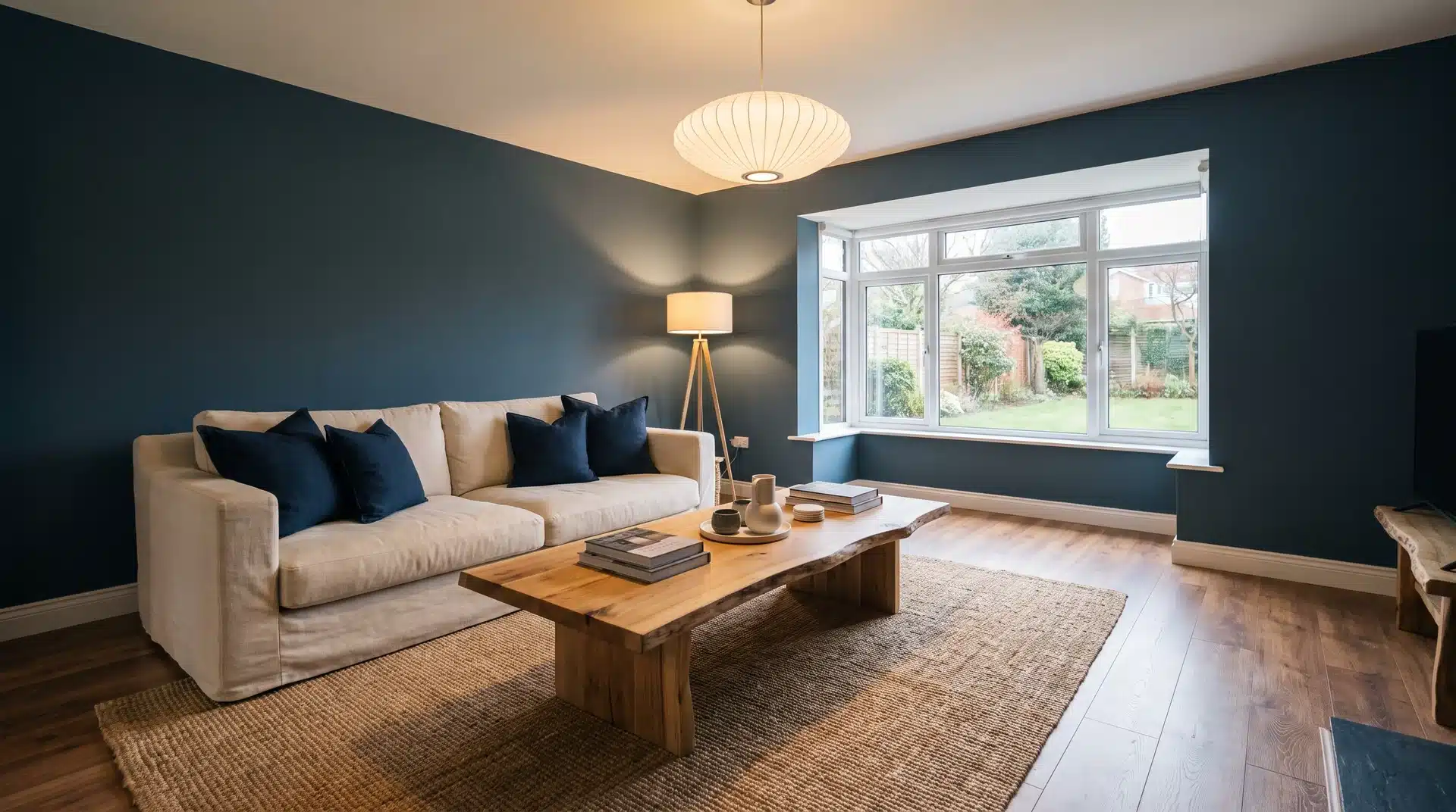 Full living room with Sherwin-Williams Moody Blue gray walls cream linen sofa and wood flooring.