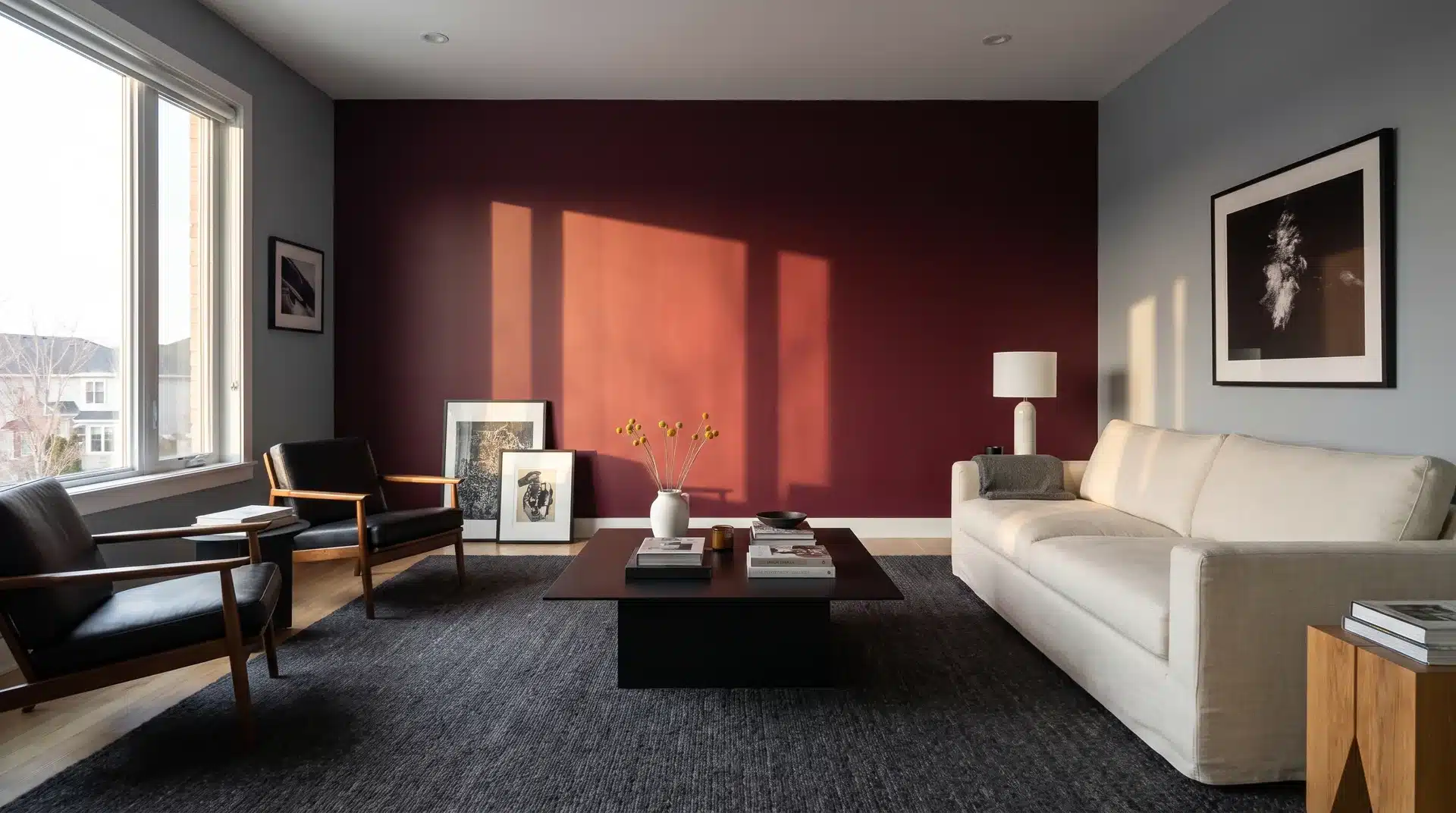 Full living room with Benjamin Moore Sangria oxblood accent wall cool gray walls and cream sofa.