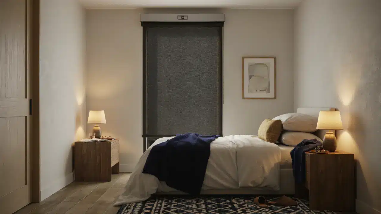 Motorized blackout blinds fully lowered in a bedroom, blocking sunlight for complete privacy and restful atmosphere.