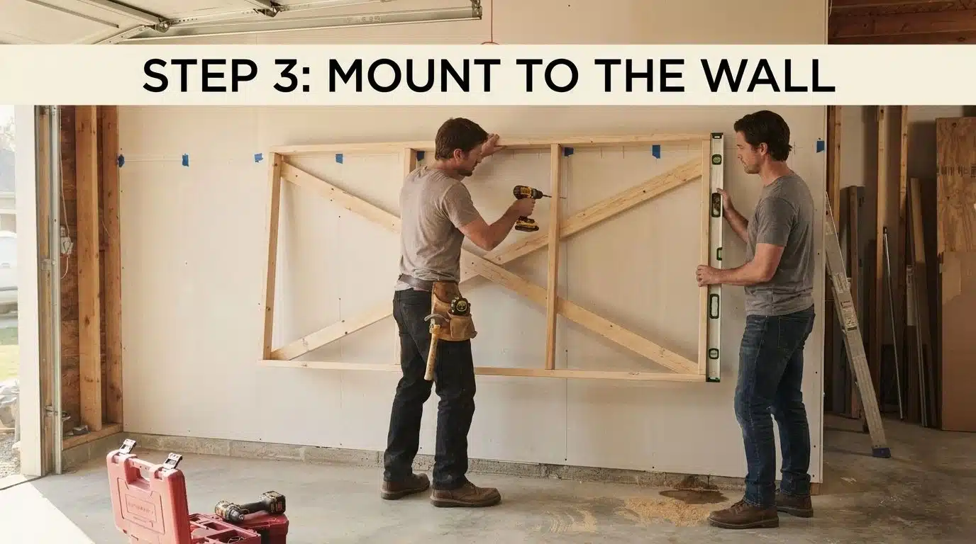 Two people mounting a wooden shelf frame onto garage wall studs.