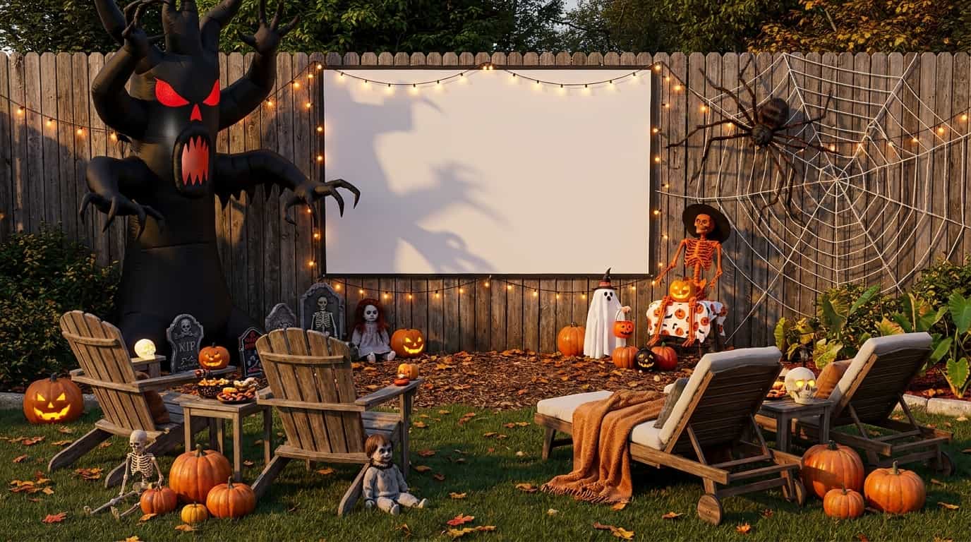 Halloween backyard movie setup with outdoor screen, monster decorations, pumpkins, and spooky yard props
