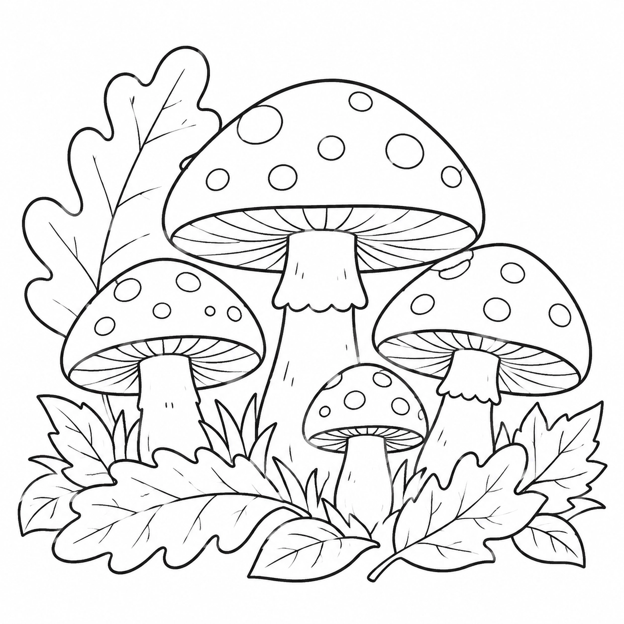Black and white mushroom fall coloring page with woodland mushrooms, leaves, and simple outlines for children to colo