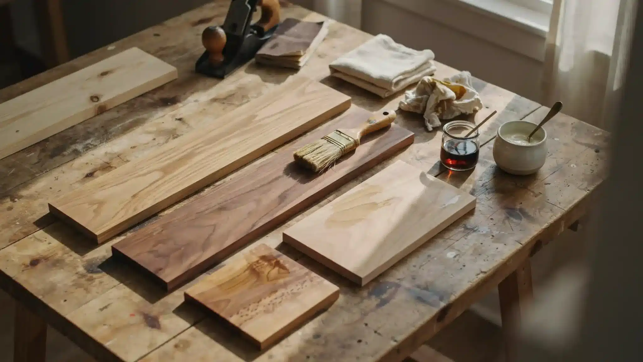 Natural wood finish types displayed on different wood samples showing matte oils, waxes, and rich grain textures.