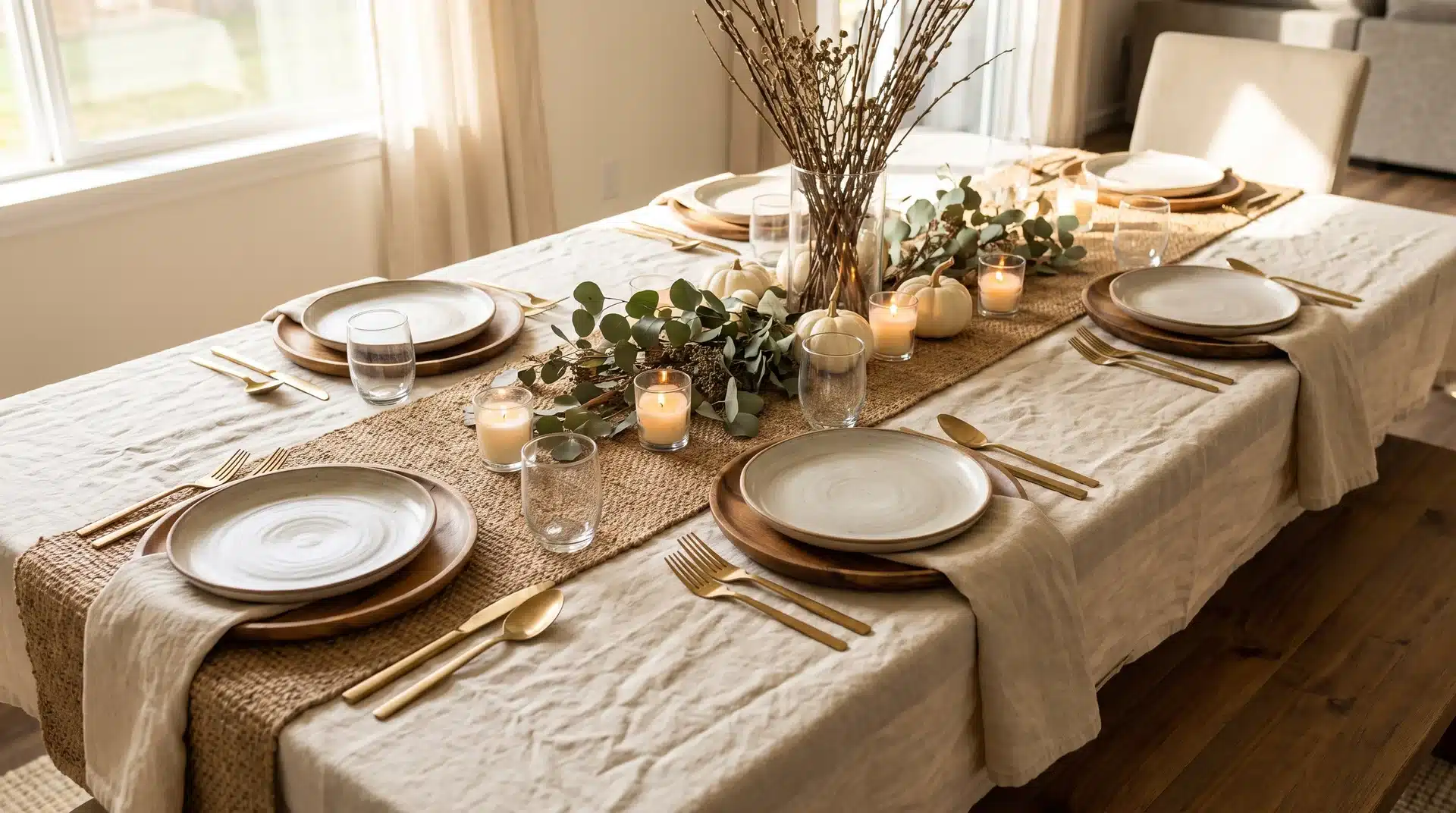Modern Thanksgiving table with linen cloth and natural seasonal decor.