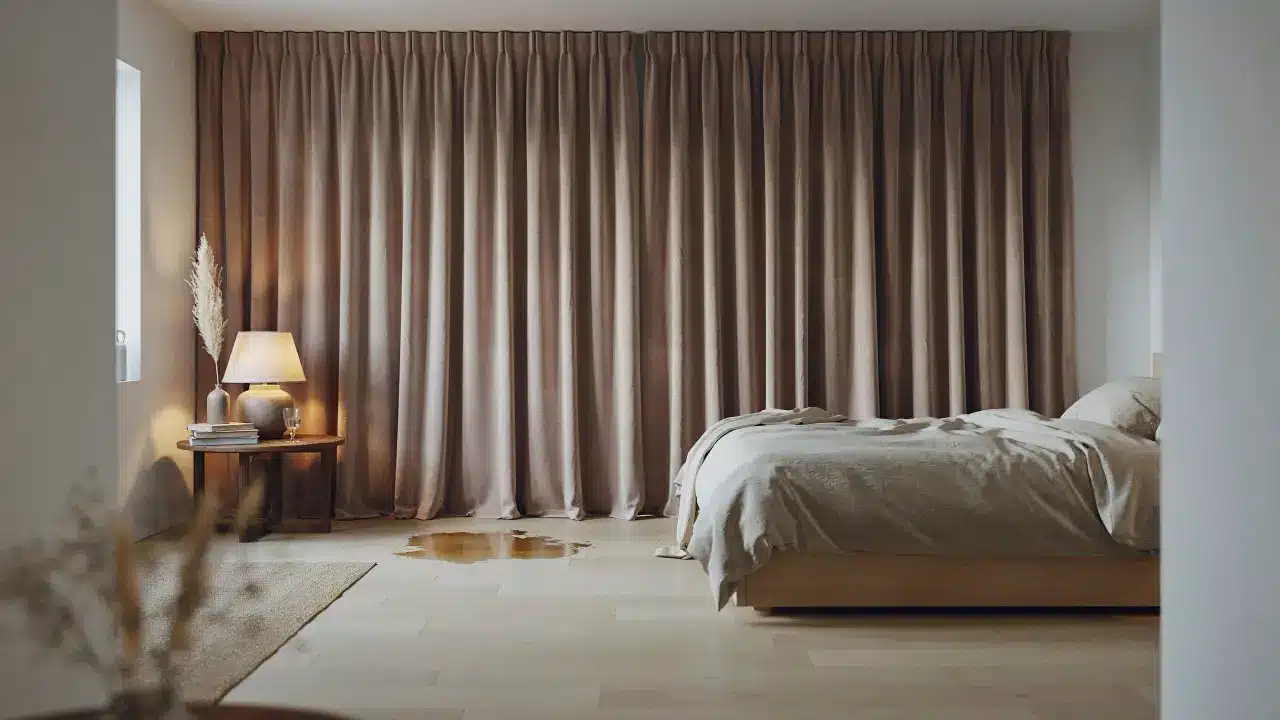Neutral-toned velvet drapes adding depth and softness in a luxurious living room with warm ambient lighting.