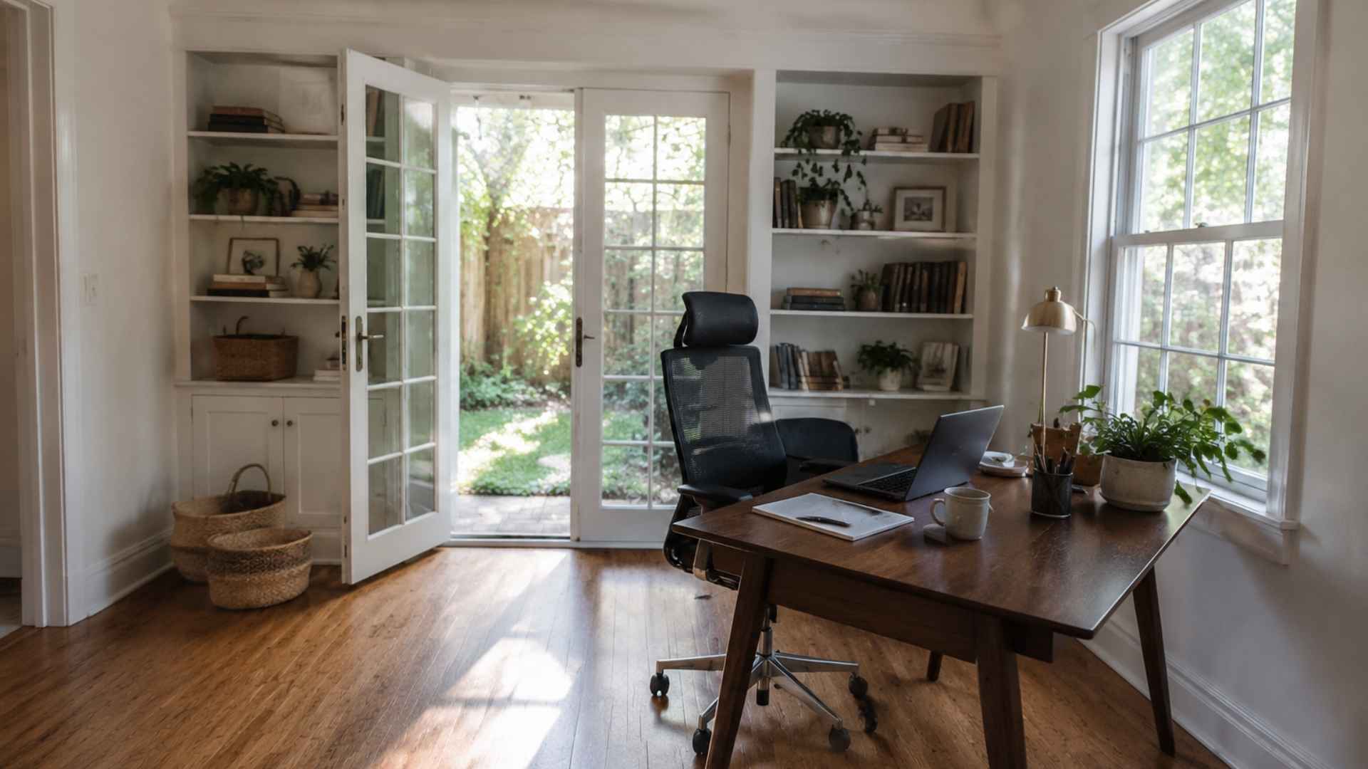 Bright home office with a wooden desk, black ergonomic chair, built-in bookshelves, and open doors to a backyard.
