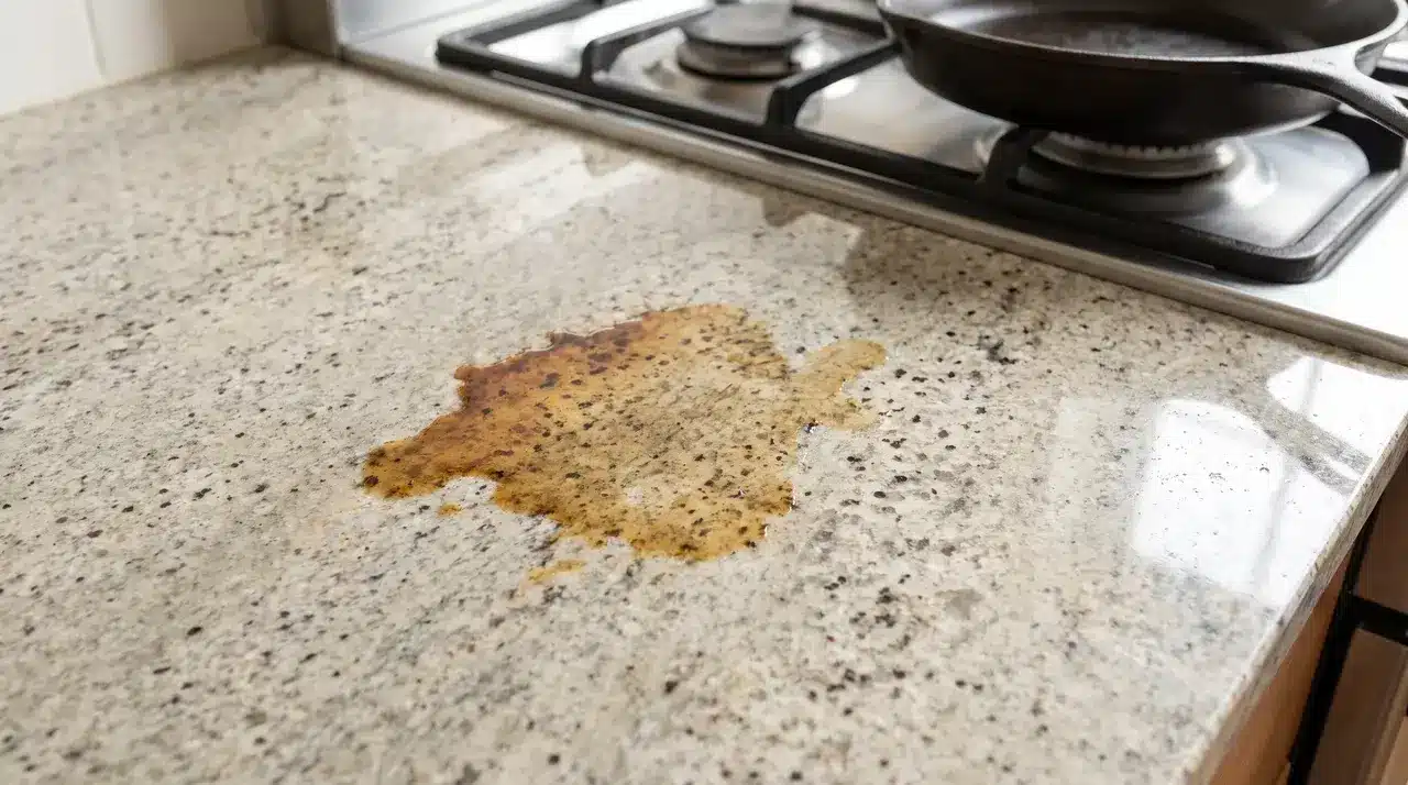 Dark oil and grease granite countertop stain visible on a light stone surface near the kitchen stove area.