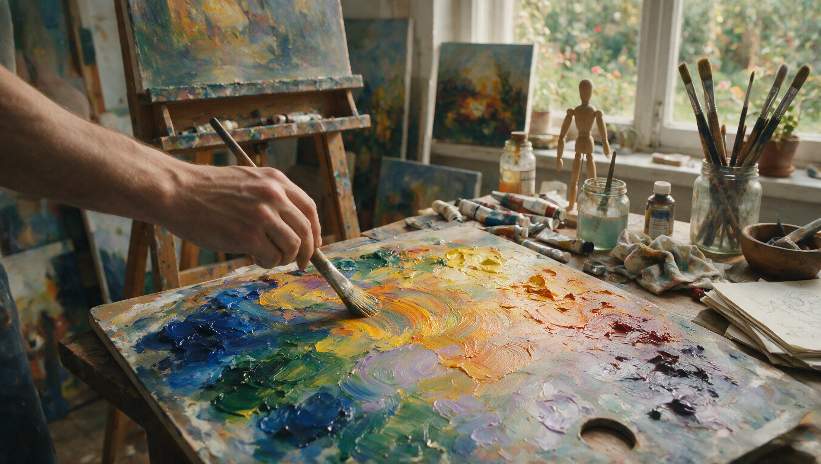 Artist mixing thick oil paints on a palette in a sunlit studio filled with brushes, canvases, and art supplies.