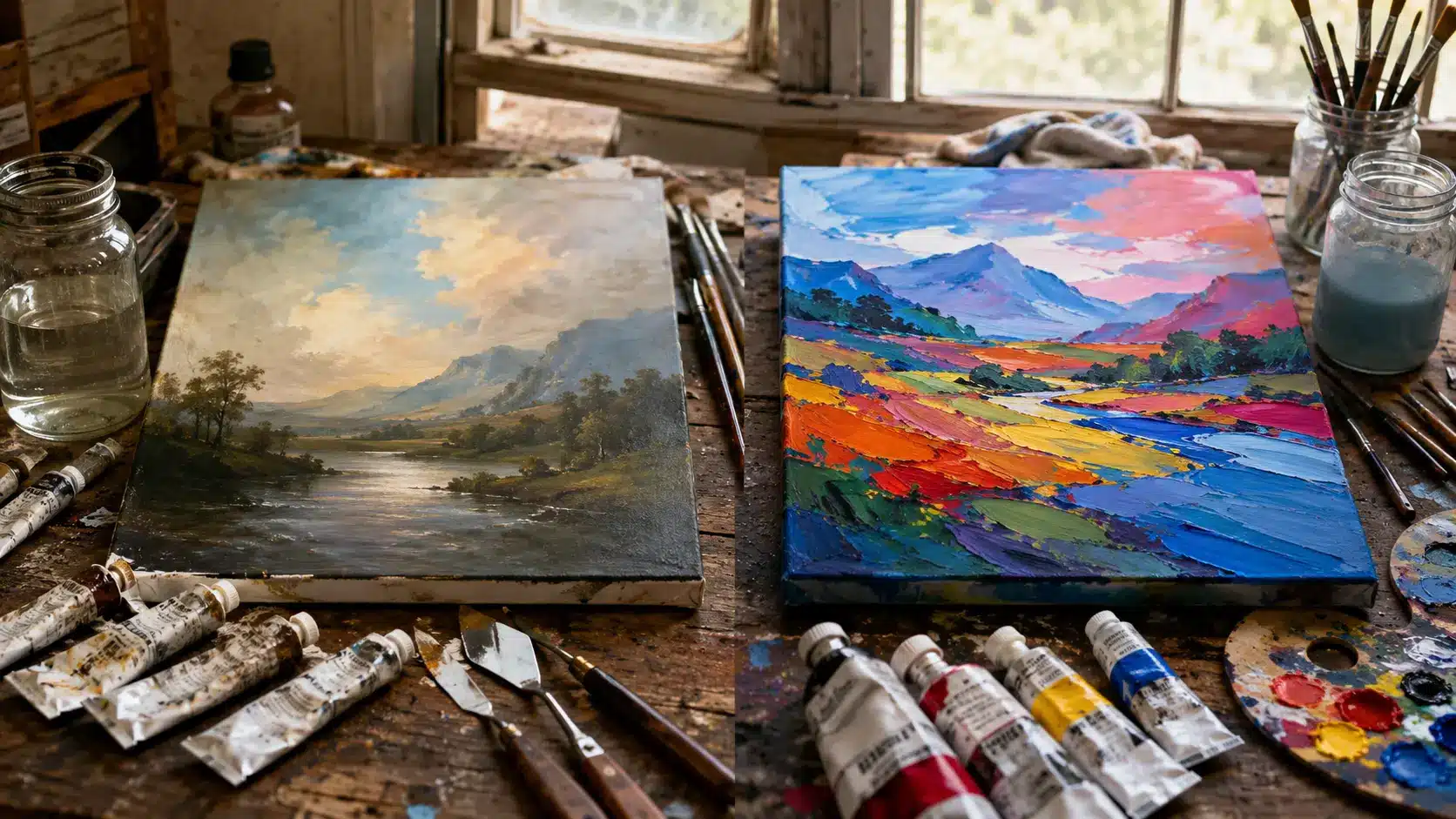 Artist comparing an oil-painted sunset seascape with an acrylic coastal landscape on two canvases.