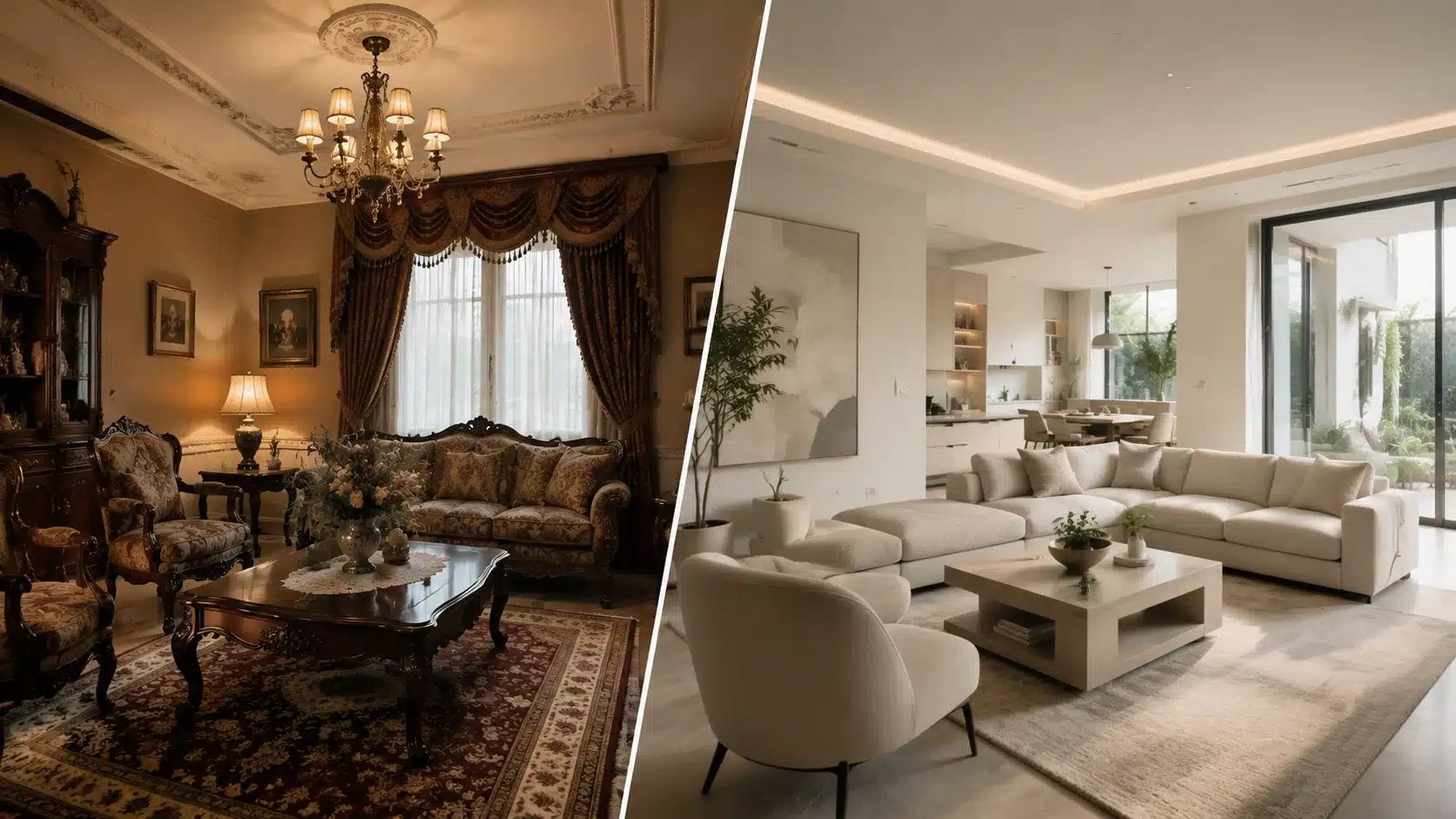 Split view showing the transition from a traditional ornate interior to a modern contemporary home design with clean lines.