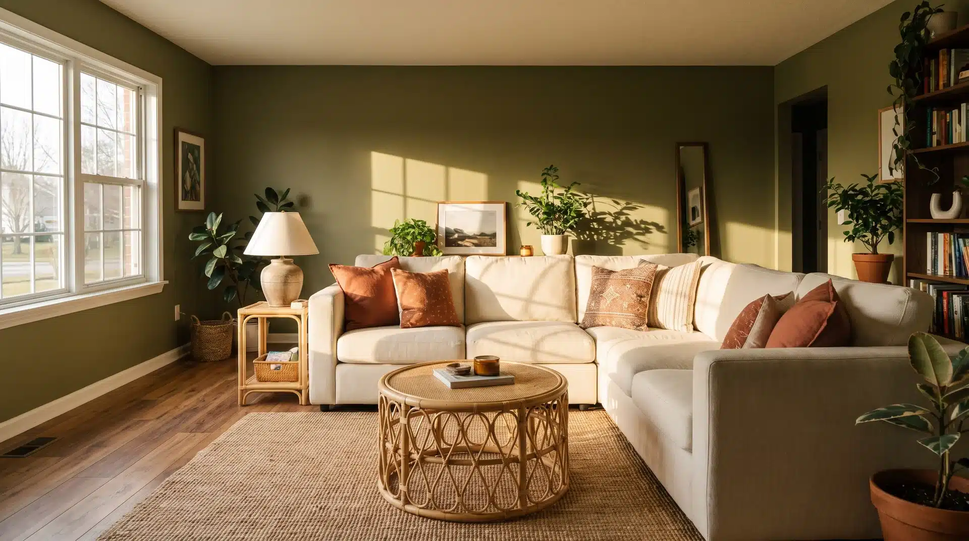 Full living room with Benjamin Moore Dried Thyme olive green walls cream sofa and rattan table.