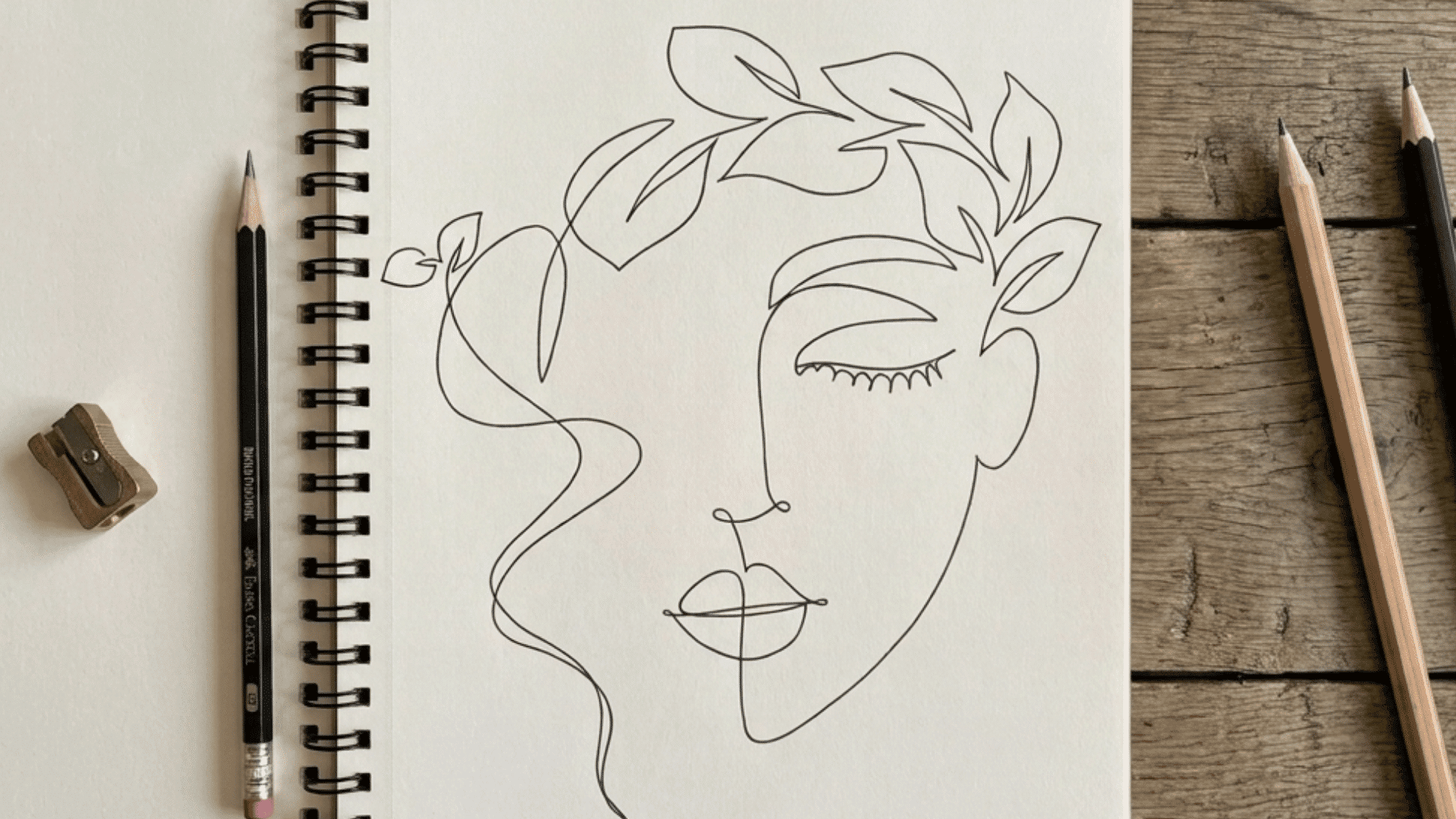 One line drawing of a face on a sketchbook with pencils nearby