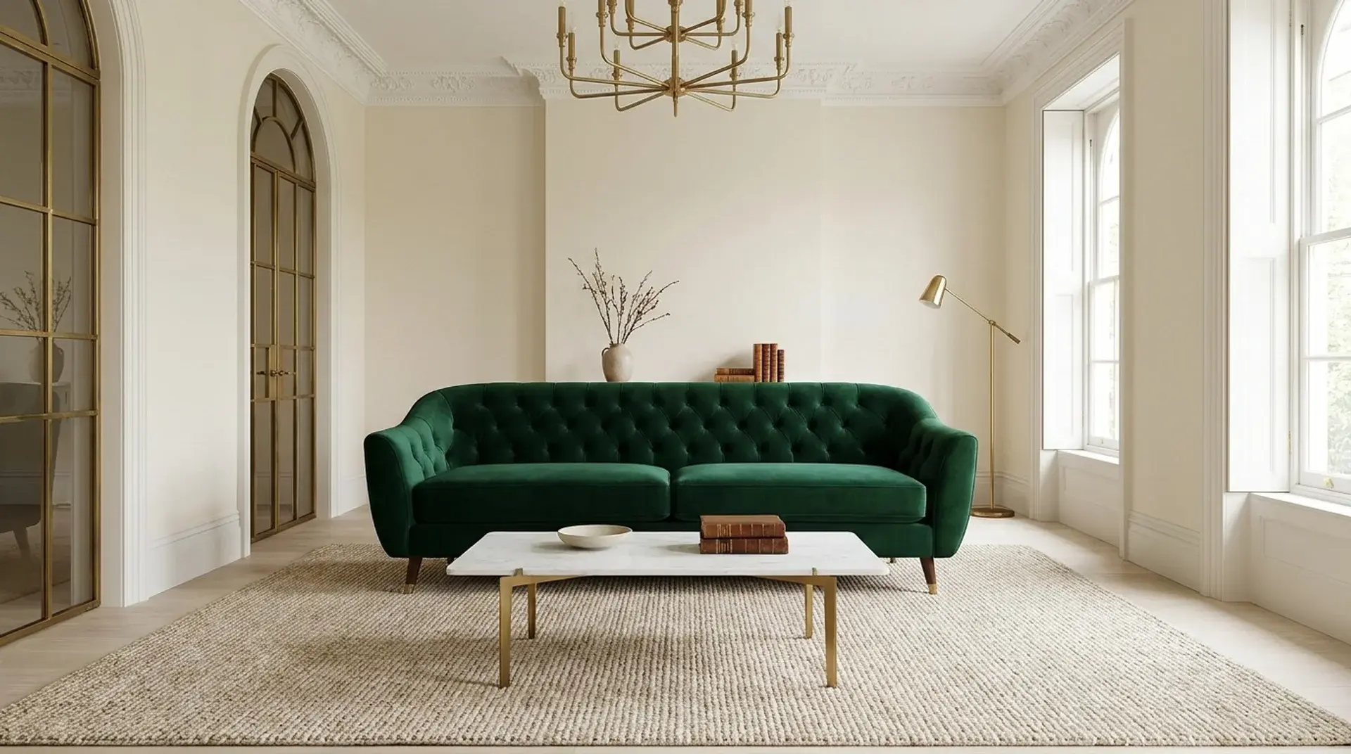 Modern Victorian living room with an emerald velvet sofa as a statement piece.