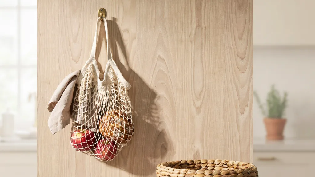 Light open-stitch crochet shopping bag hanging beside a basket of fresh produce.