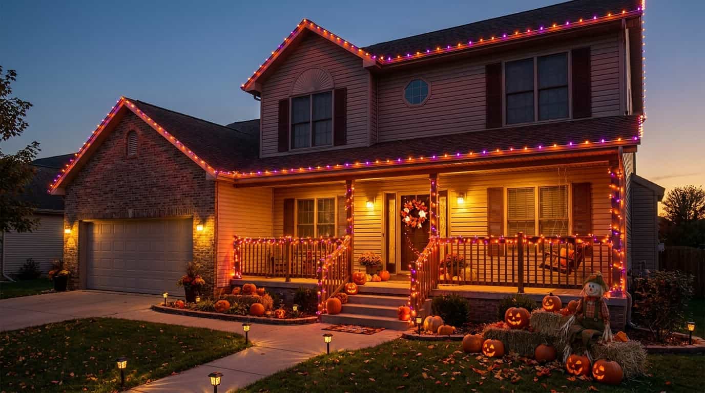 Halloween yard decorated with orange and purple string lights around a home