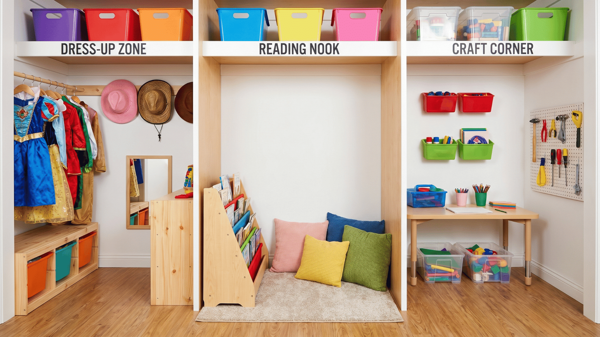 Young boy playing with colorful blocks in a tidy kids’ closet, with labeled bins for toys, books, and shoes on a low shelf.