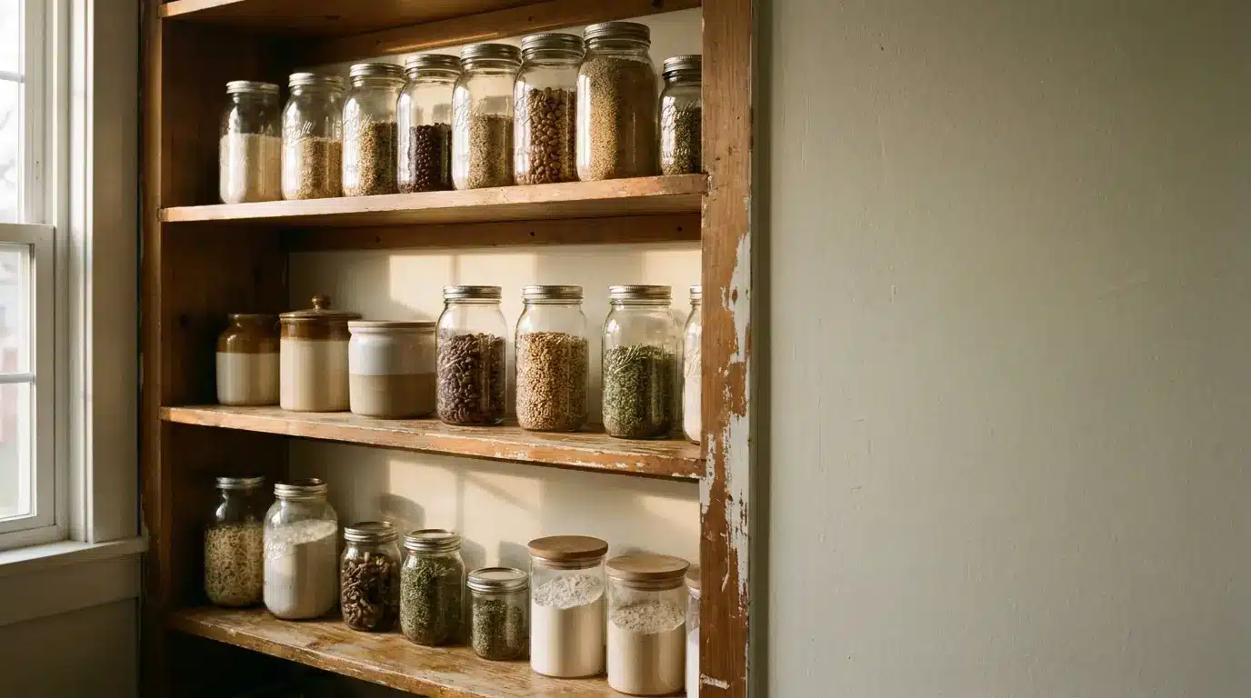 Wooden pantry shelves with glass jars of grains and spices in natural light