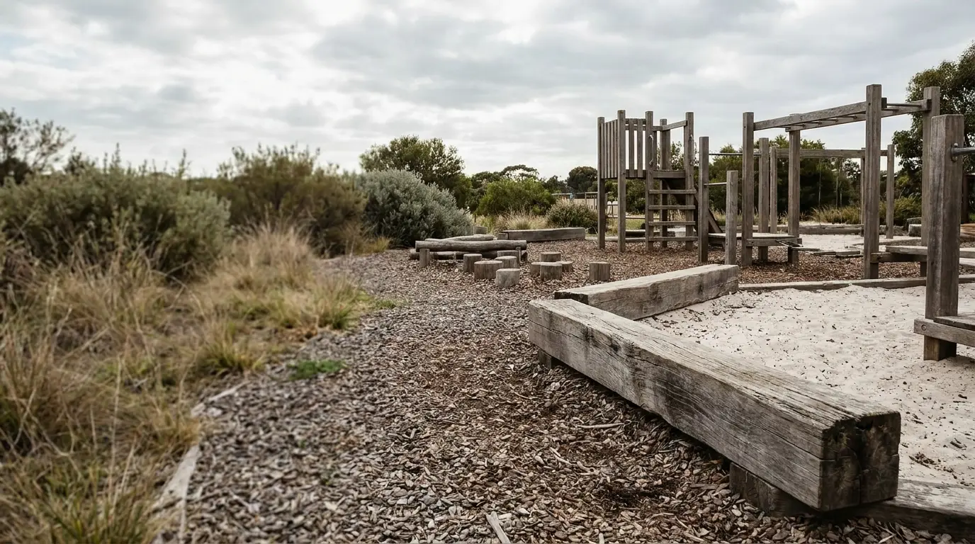 Wooden playground with climbing structures in a natural outdoor setting under cloudy sky