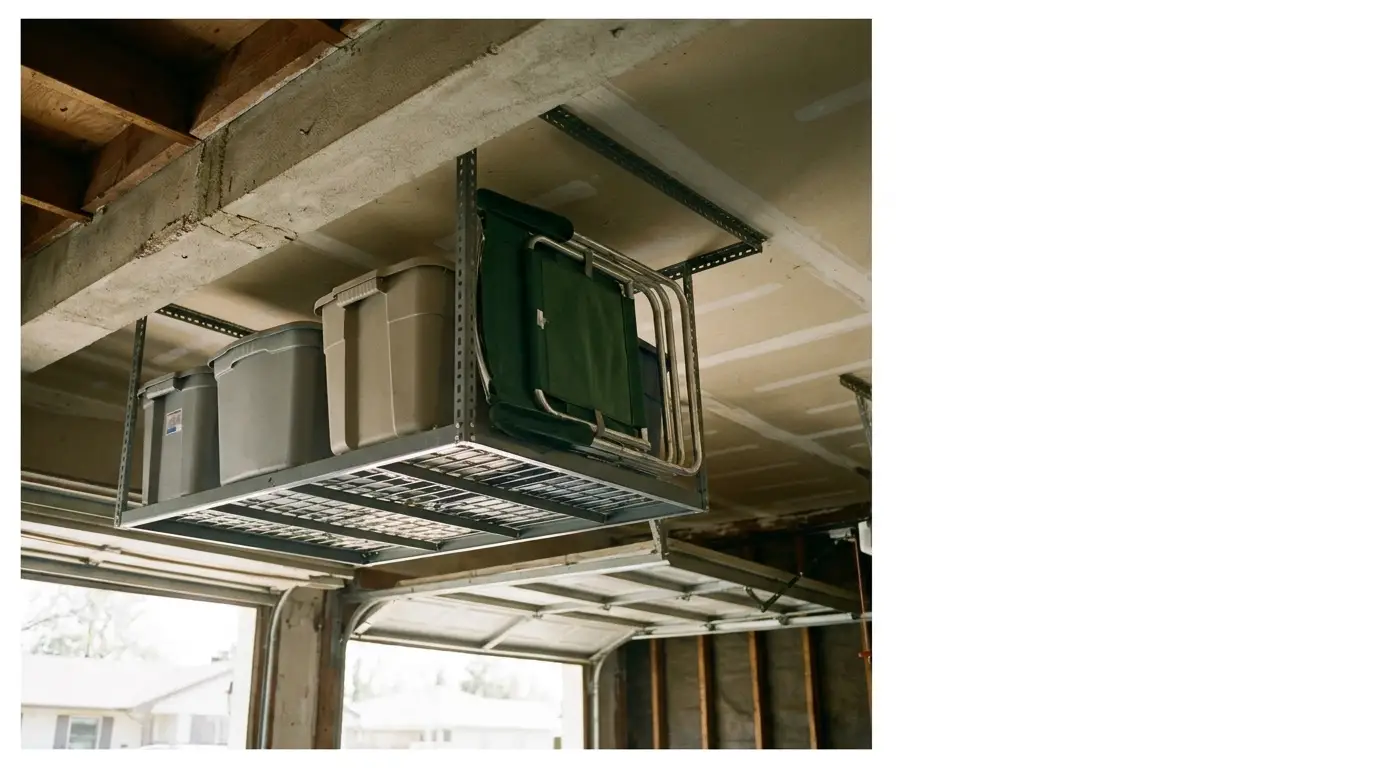 Overhead storage racks in garage holding bins and a folded green chair