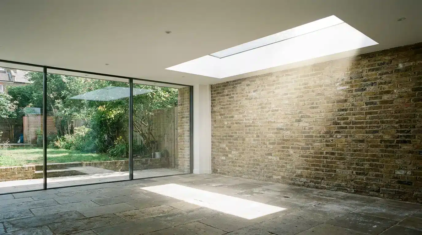 Spacious room with large skylight and brick walls overlooking a lush garden through glass doors