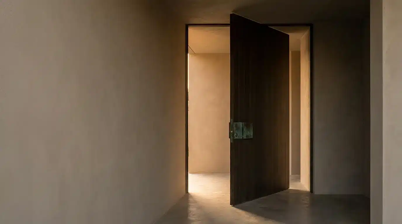 Large wooden pivot door in dimly lit minimalist hallway with concrete floor