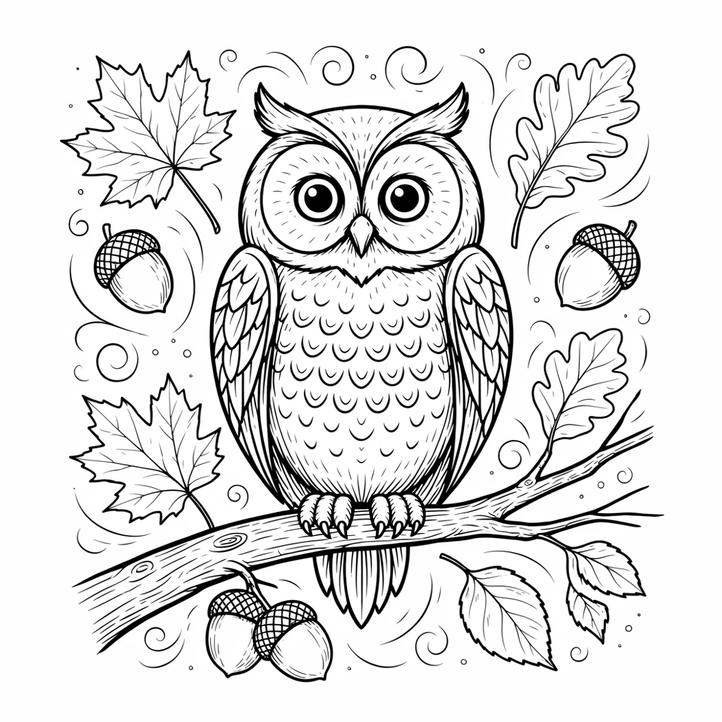 Owl fall coloring page showing an owl perched on an autumn branch surrounded by leaves and acorns, featuring layered feather pattern